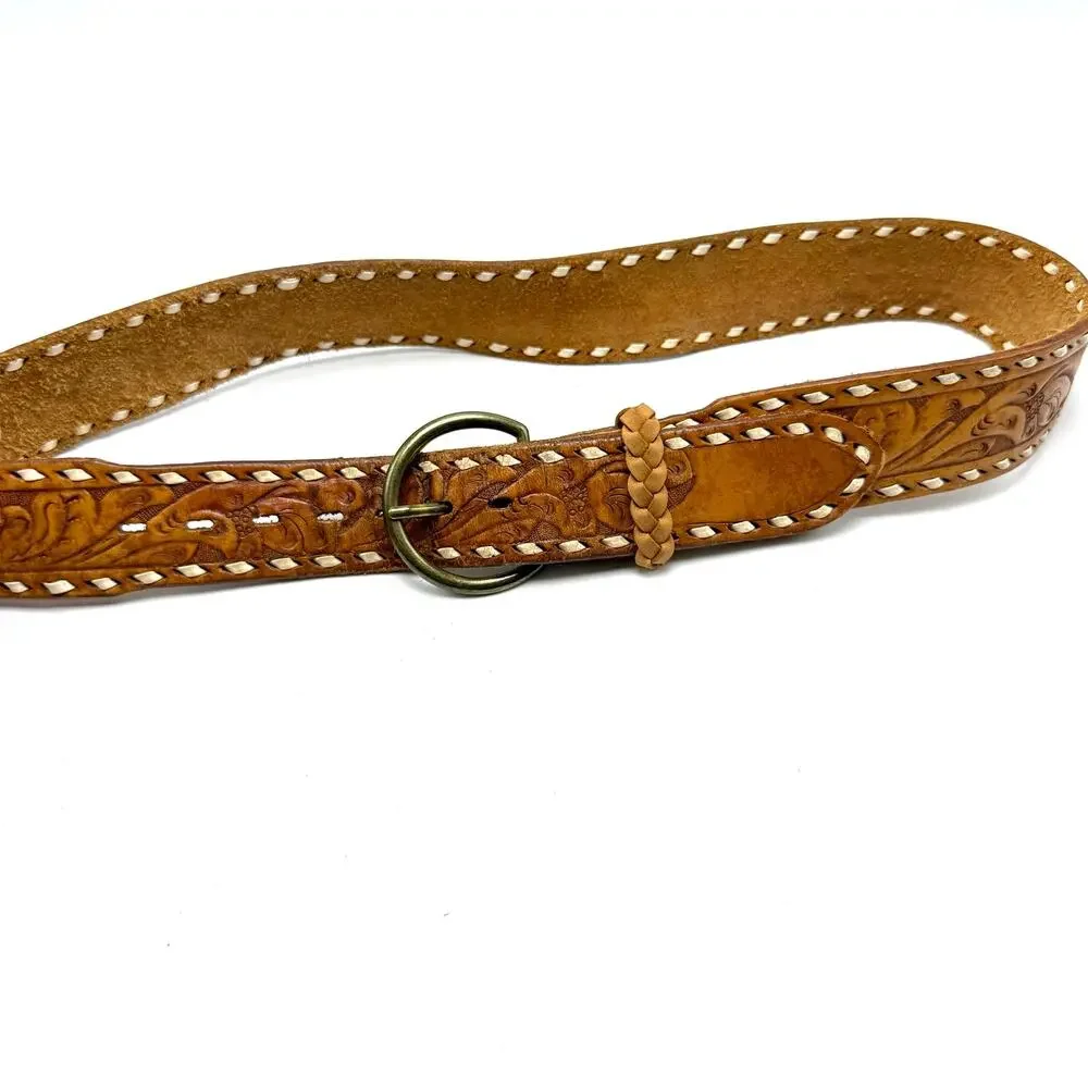 Linda Vintage Western Name Belt 34 Hand Tooled Laced Brown Leather Cowgirl